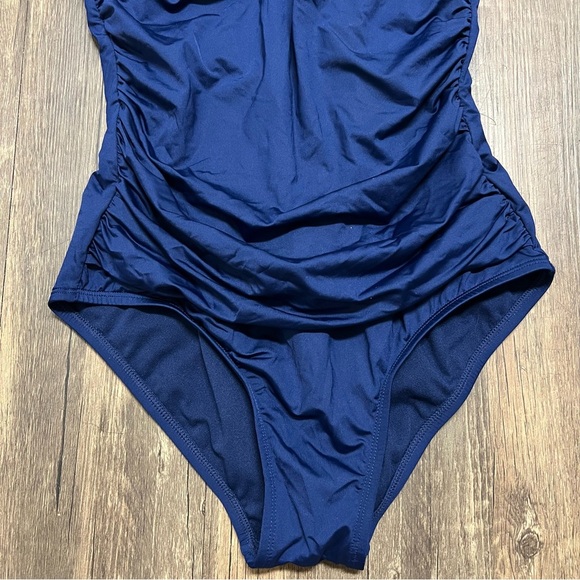 Jantzen Navy Blue Macrame Strappy Back One Piece Ruched Bathing Suit Swim M - Picture 7 of 14